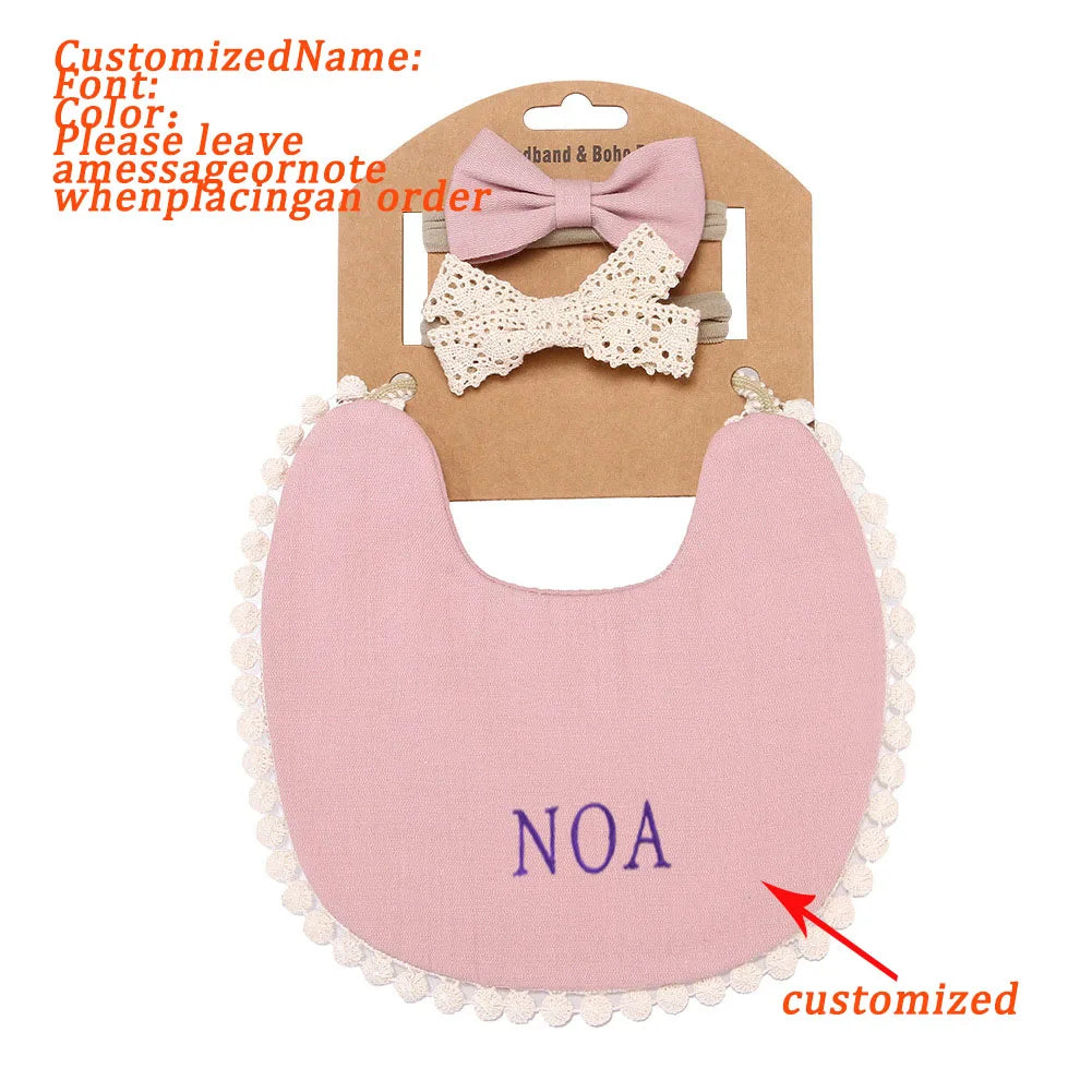 Personalized Baby Bow Headband, Waterproof Bib & Burp Cloth Gift Set