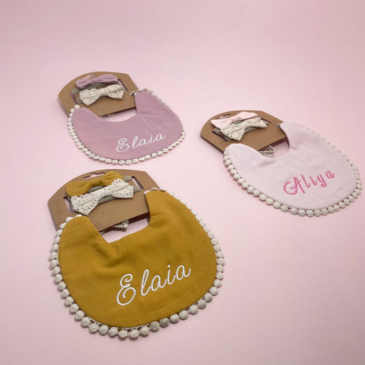 Personalized Baby Bow Headband, Waterproof Bib & Burp Cloth Gift Set