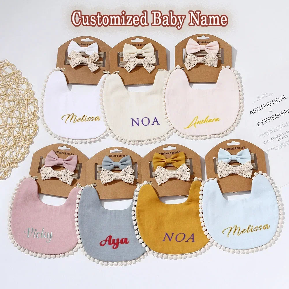 Personalized Baby Bow Headband, Waterproof Bib & Burp Cloth Gift Set