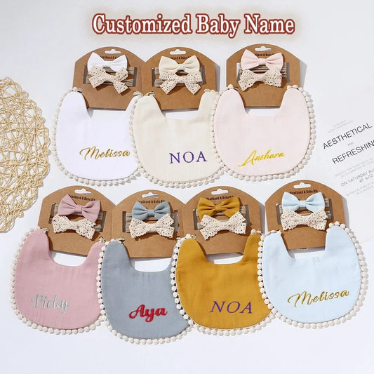 Personalized Baby Bow Headband, Waterproof Bib & Burp Cloth Gift Set