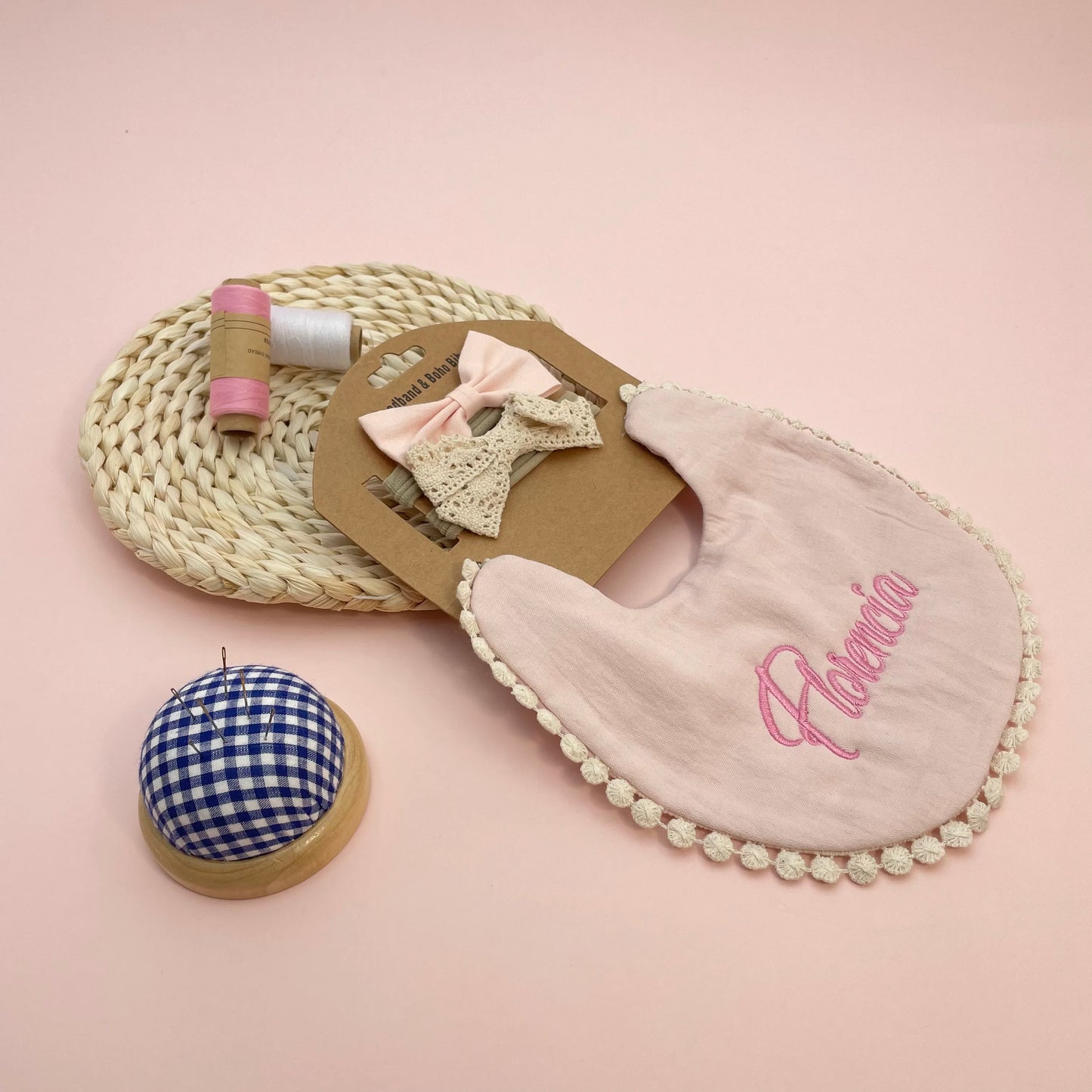 Personalized Baby Bow Headband, Waterproof Bib & Burp Cloth Gift Set