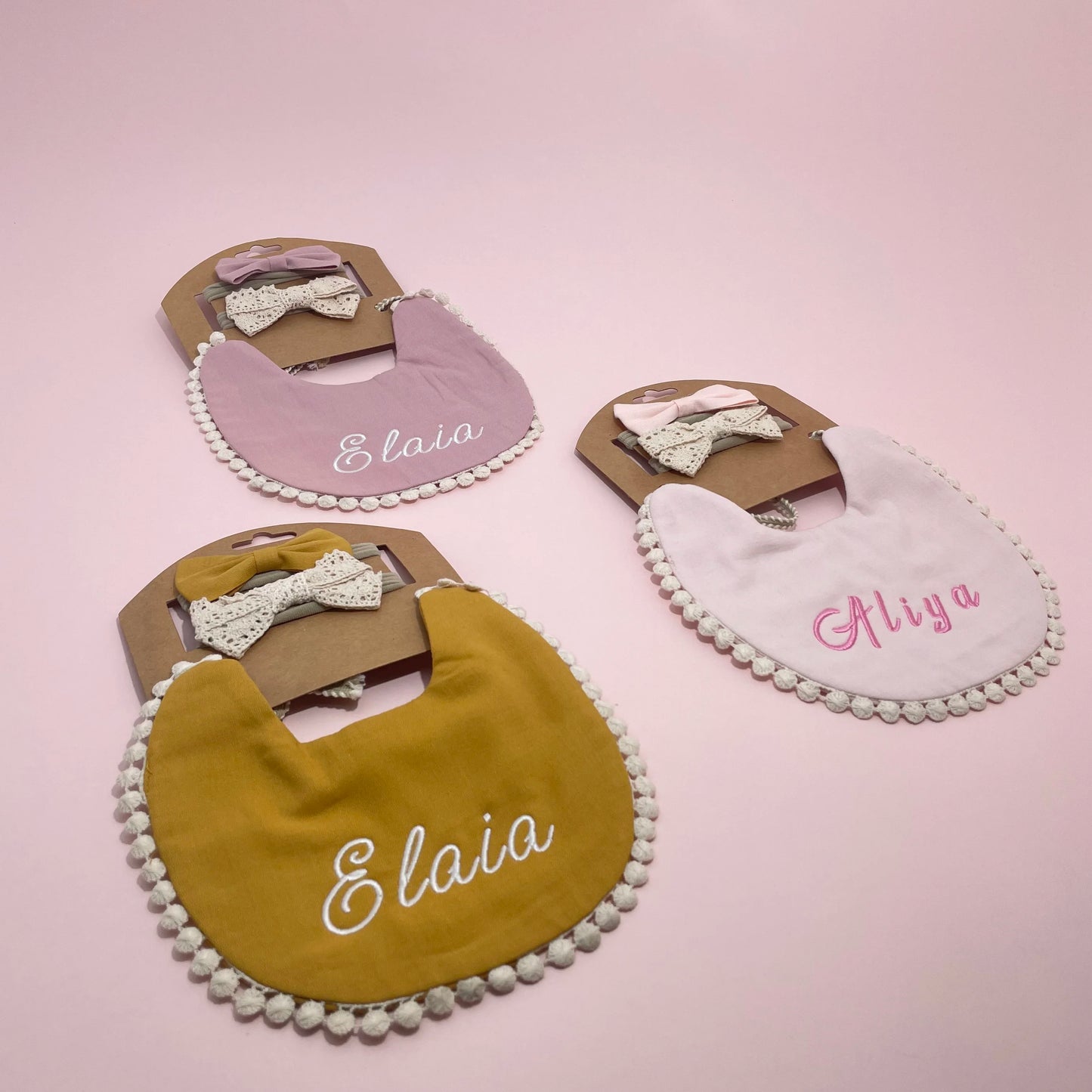Personalized Baby Bow Headband, Waterproof Bib & Burp Cloth Gift Set