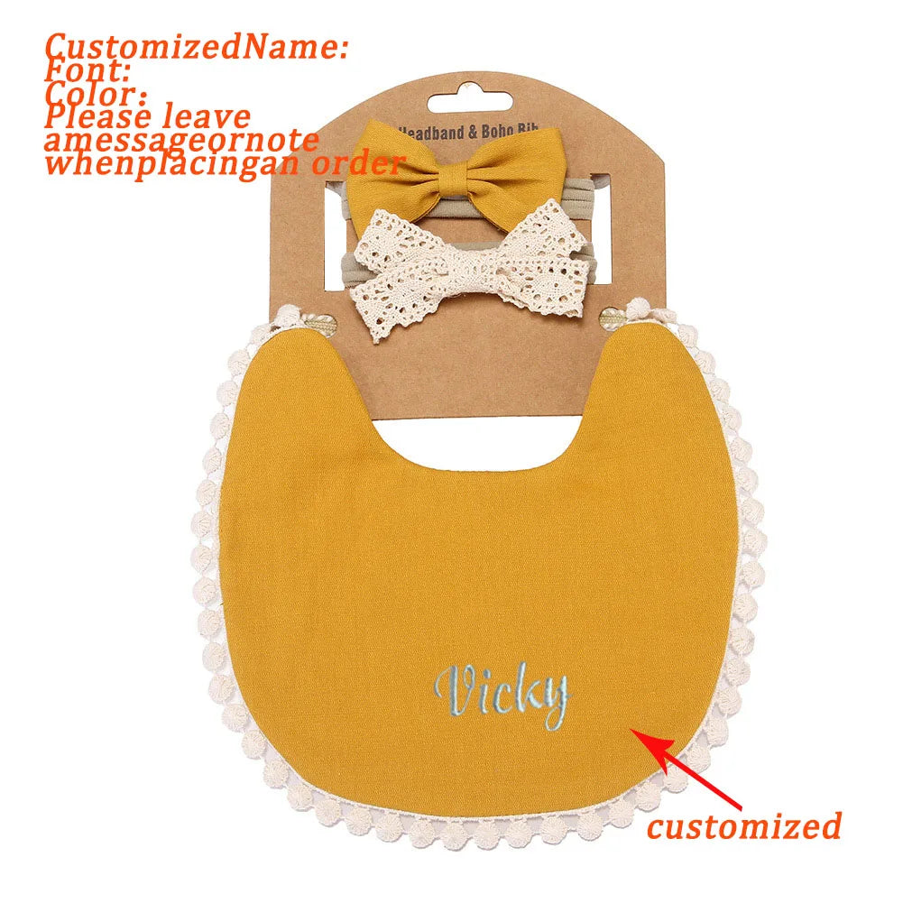 Personalized Baby Bow Headband, Waterproof Bib & Burp Cloth Gift Set