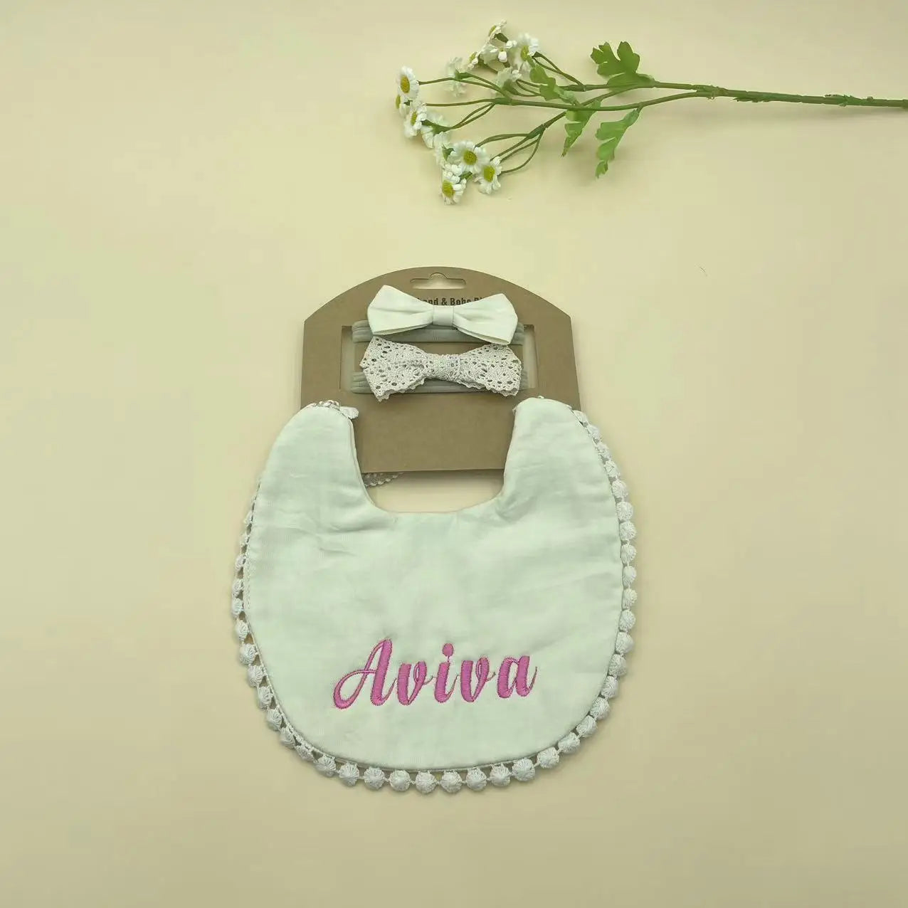 Personalized Baby Bow Headband, Waterproof Bib & Burp Cloth Gift Set