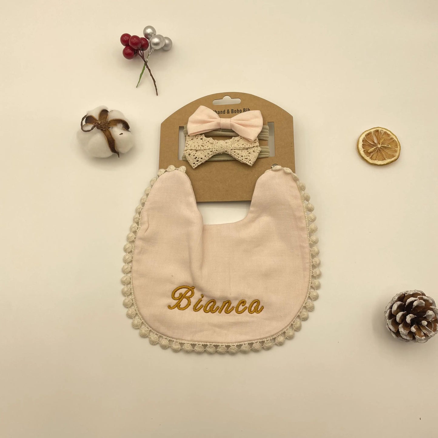 Personalized Baby Bow Headband, Waterproof Bib & Burp Cloth Gift Set