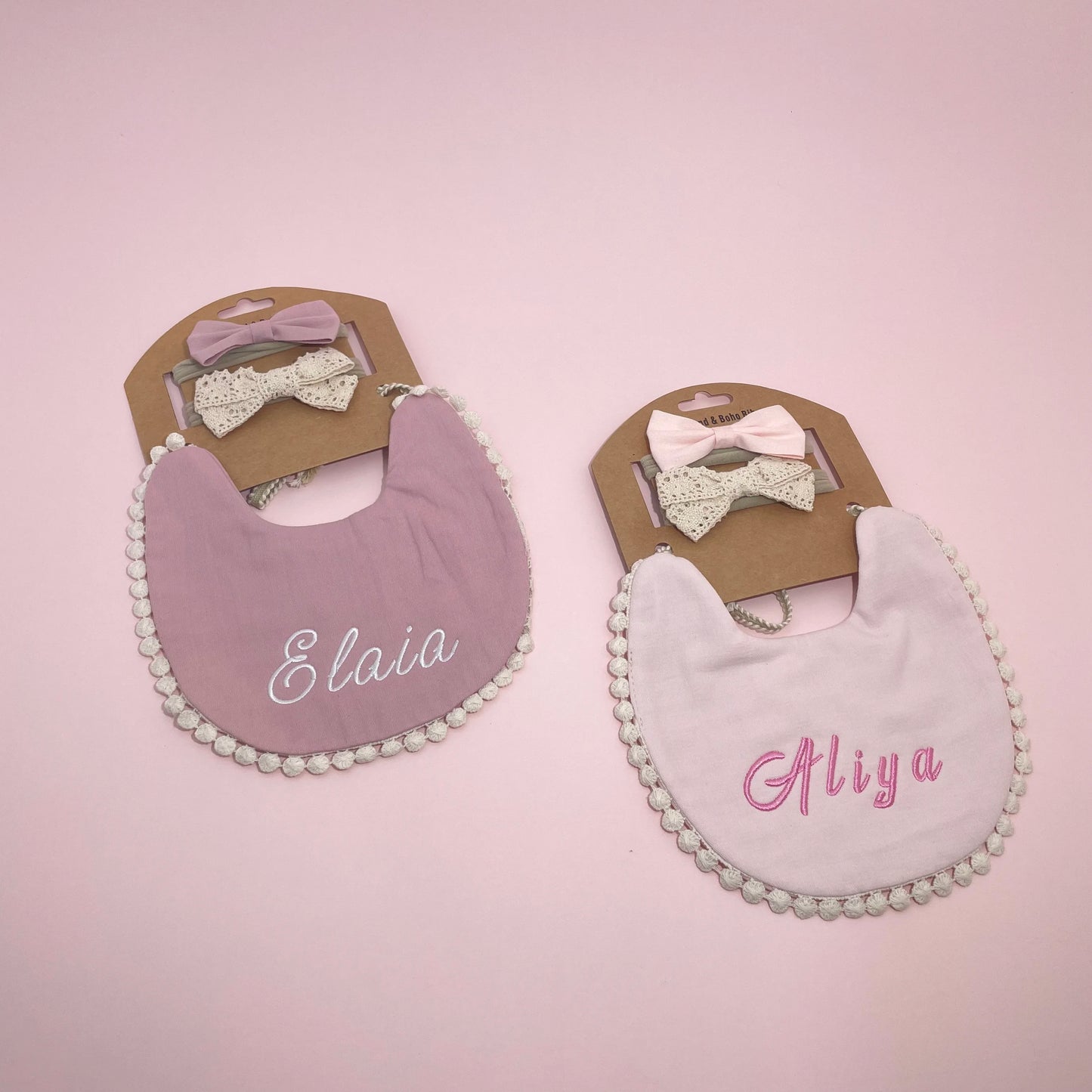 Personalized Baby Bow Headband, Waterproof Bib & Burp Cloth Gift Set