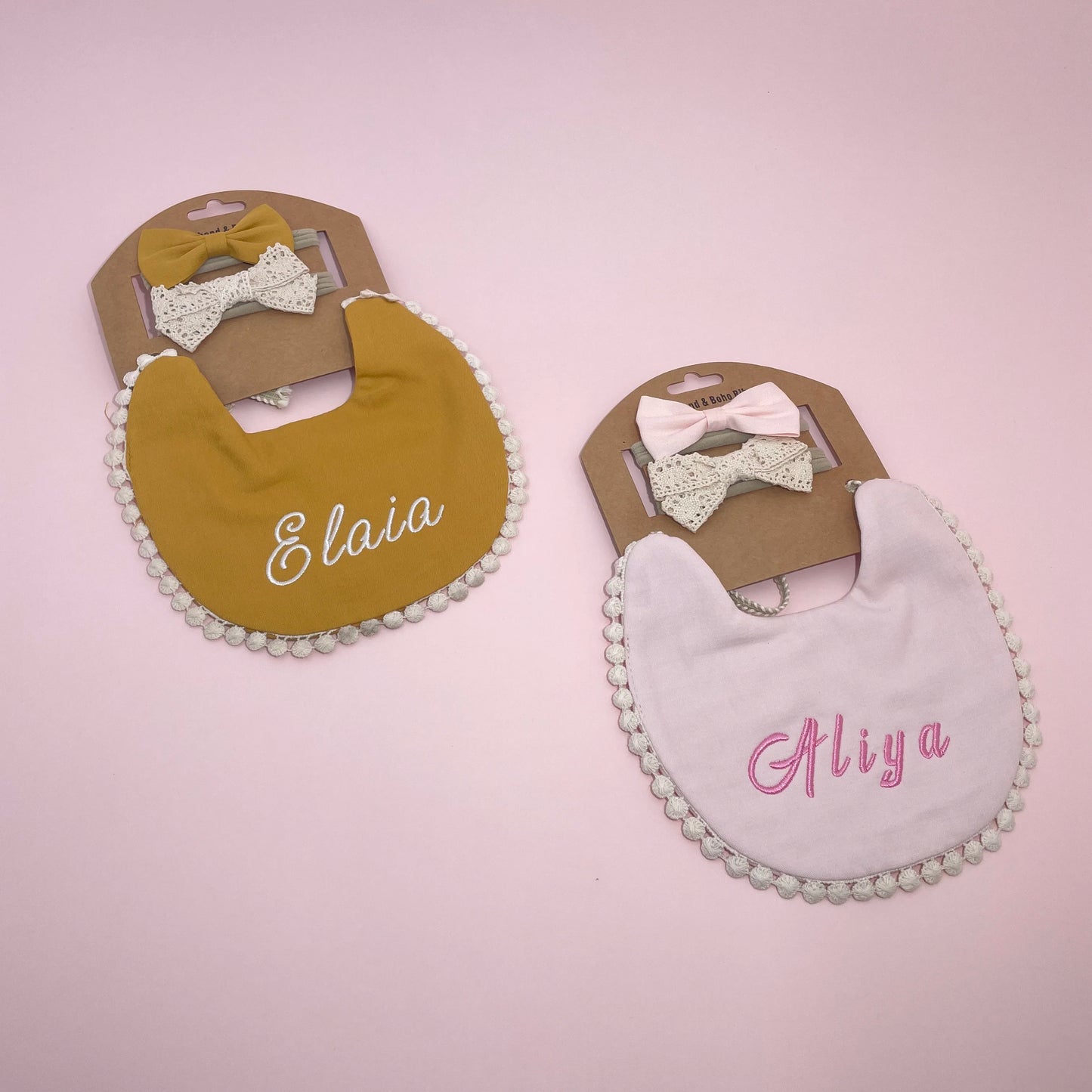 Personalized Baby Bow Headband, Waterproof Bib & Burp Cloth Gift Set
