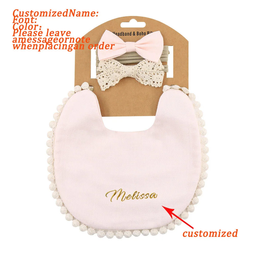 Personalized Baby Bow Headband, Waterproof Bib & Burp Cloth Gift Set
