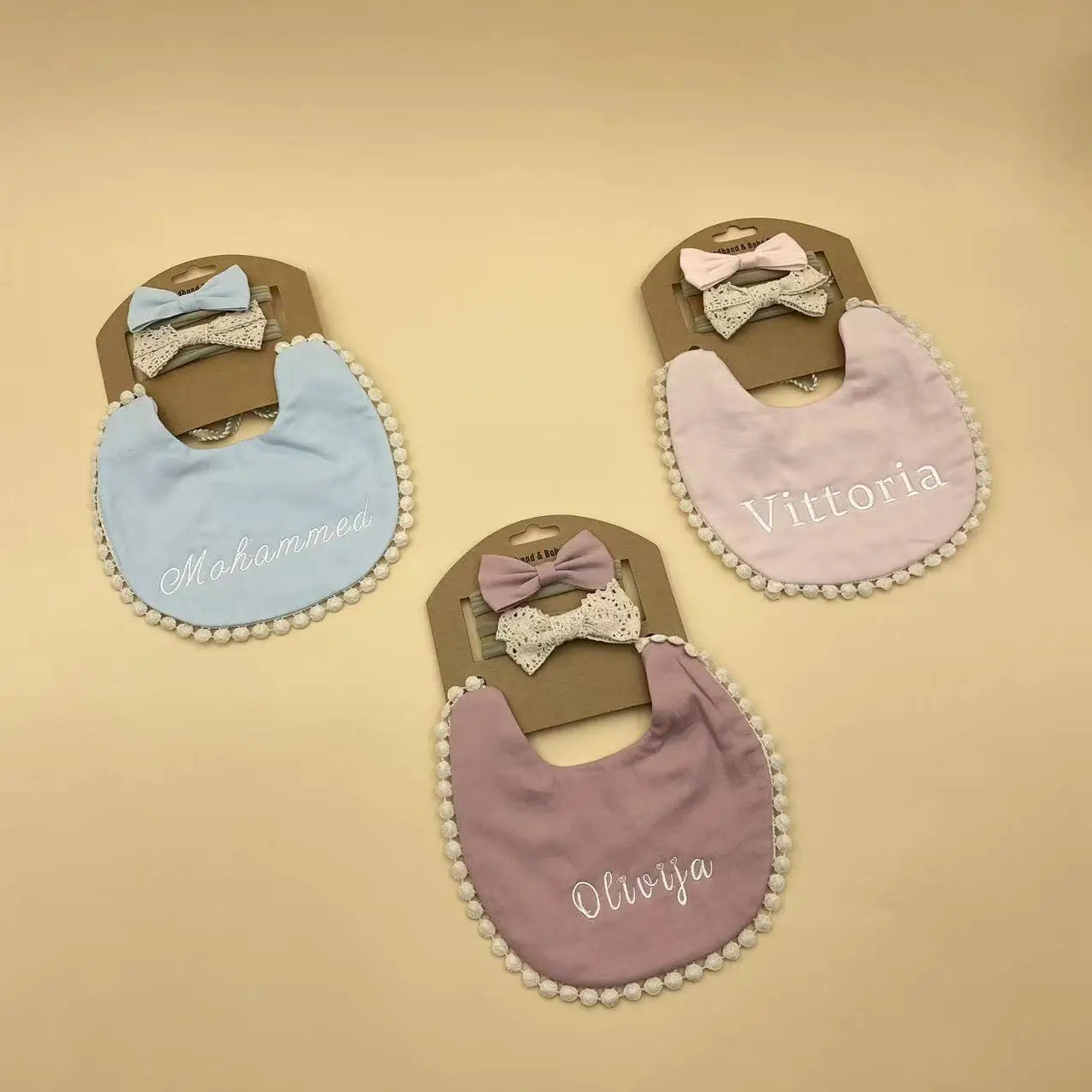 Personalized Baby Bow Headband, Waterproof Bib & Burp Cloth Gift Set
