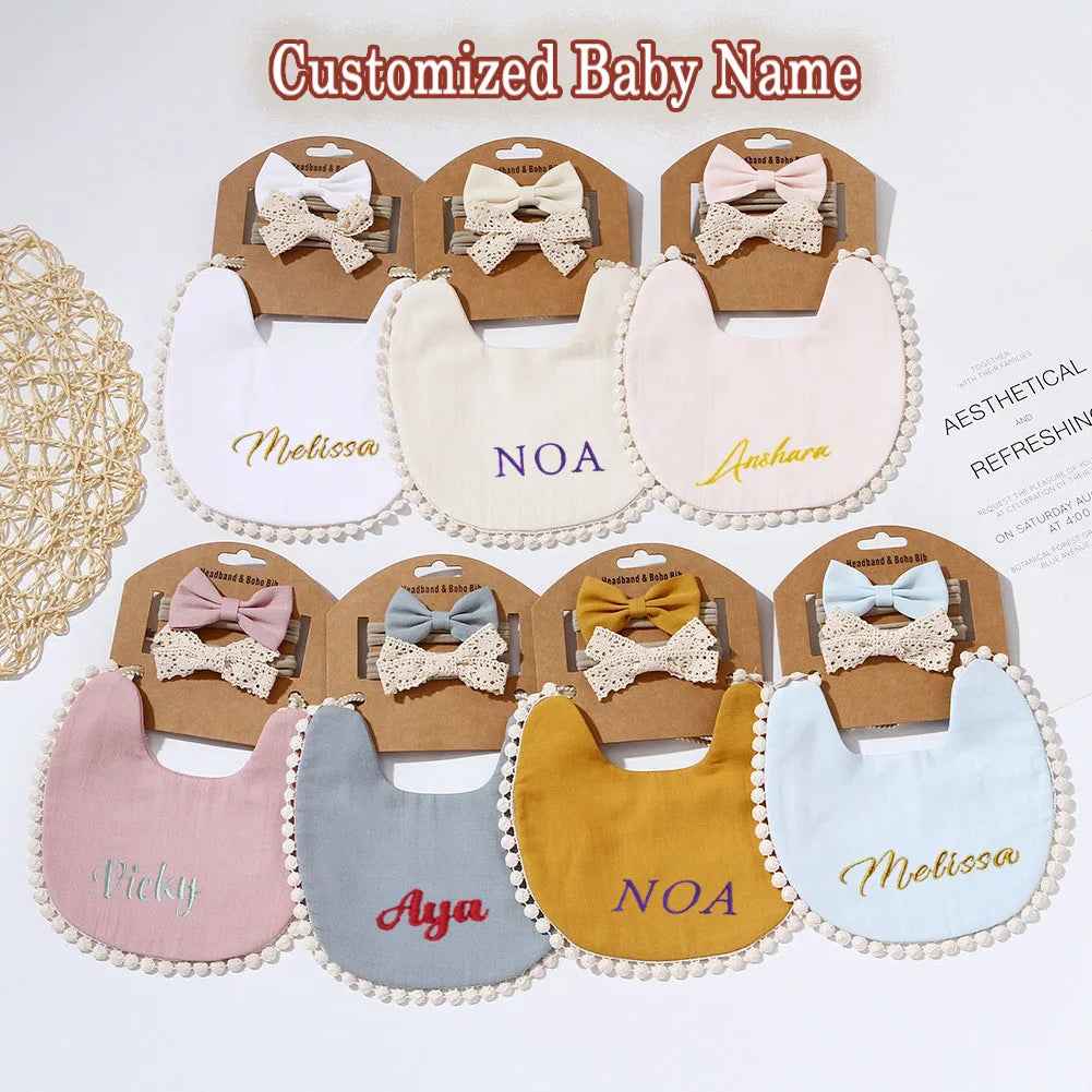 Personalized Baby Bow Headband, Waterproof Bib & Burp Cloth Gift Set
