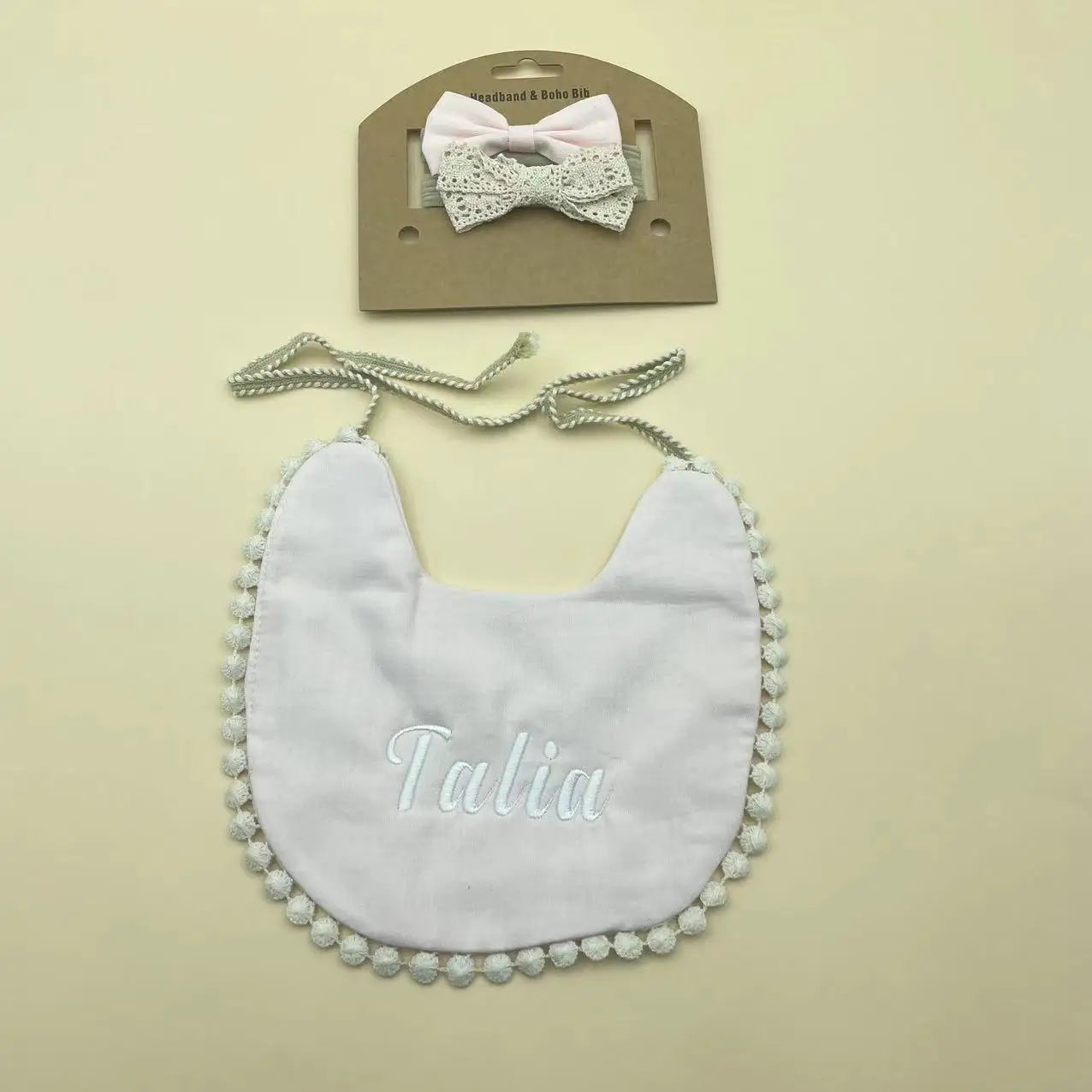 Personalized Baby Bow Headband, Waterproof Bib & Burp Cloth Gift Set