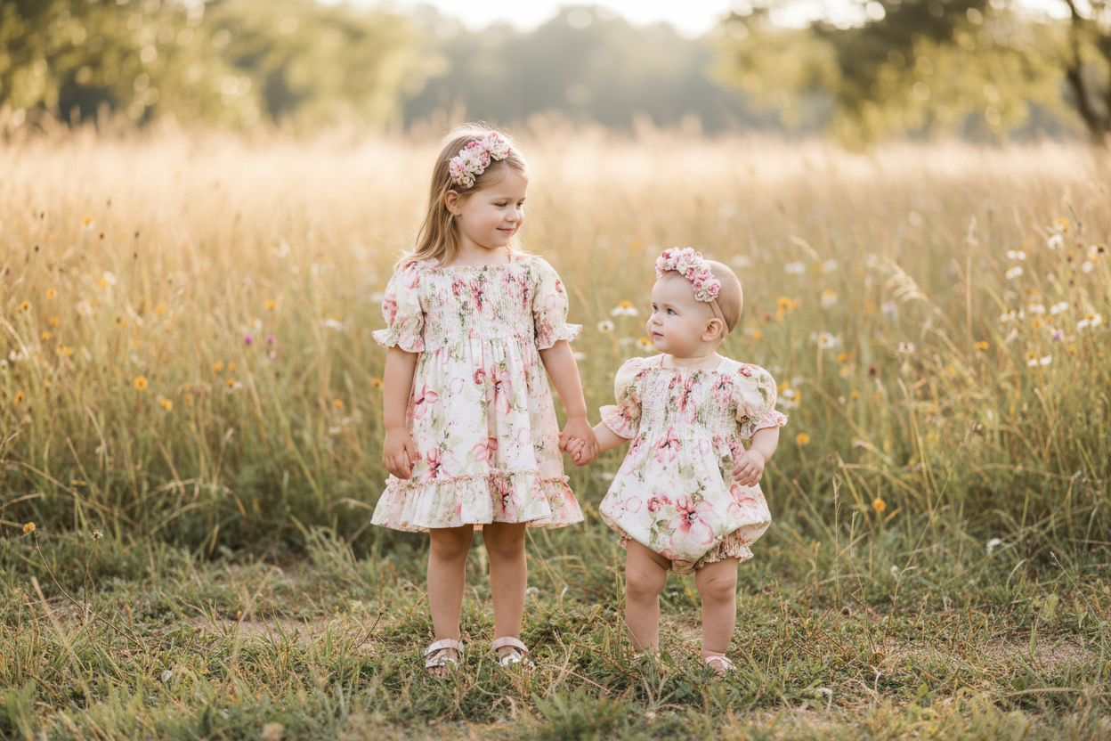 Girl in Blush Bouquet dress and baby in romper with matching headbands